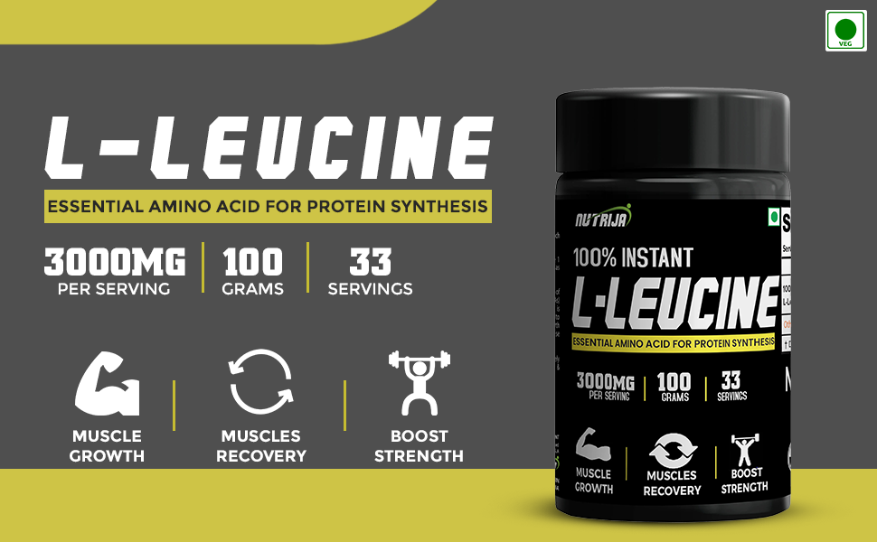 NutriJa Instant L-Leucine Powder -100% Pure & USP Grade | Dissolves faster, Rapid Absorption, Better Bioavailability | Muscle Growth & Recovery (100g)