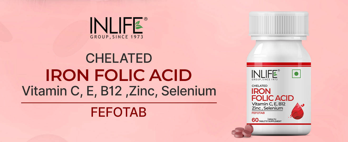 INLIFE Iron Folic Acid, Chelated Ferrous Bisglycinate, 60 Tablets