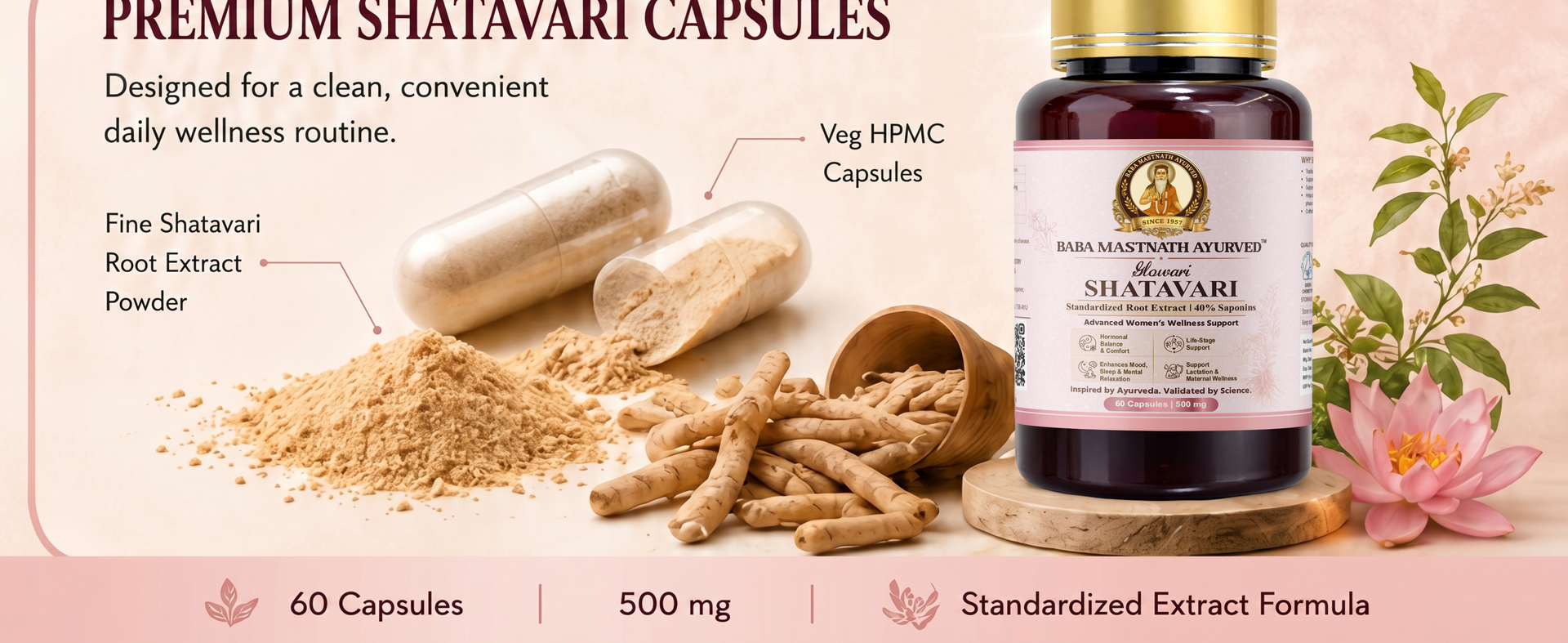 Shatavari Capsules for Women | 500mg Extract, 40% Saponins | Lactation Support, Breastfeeding Mother Supplement, Hormonal Balance, PMS & Female Wellness | 60 Vegan Capsules