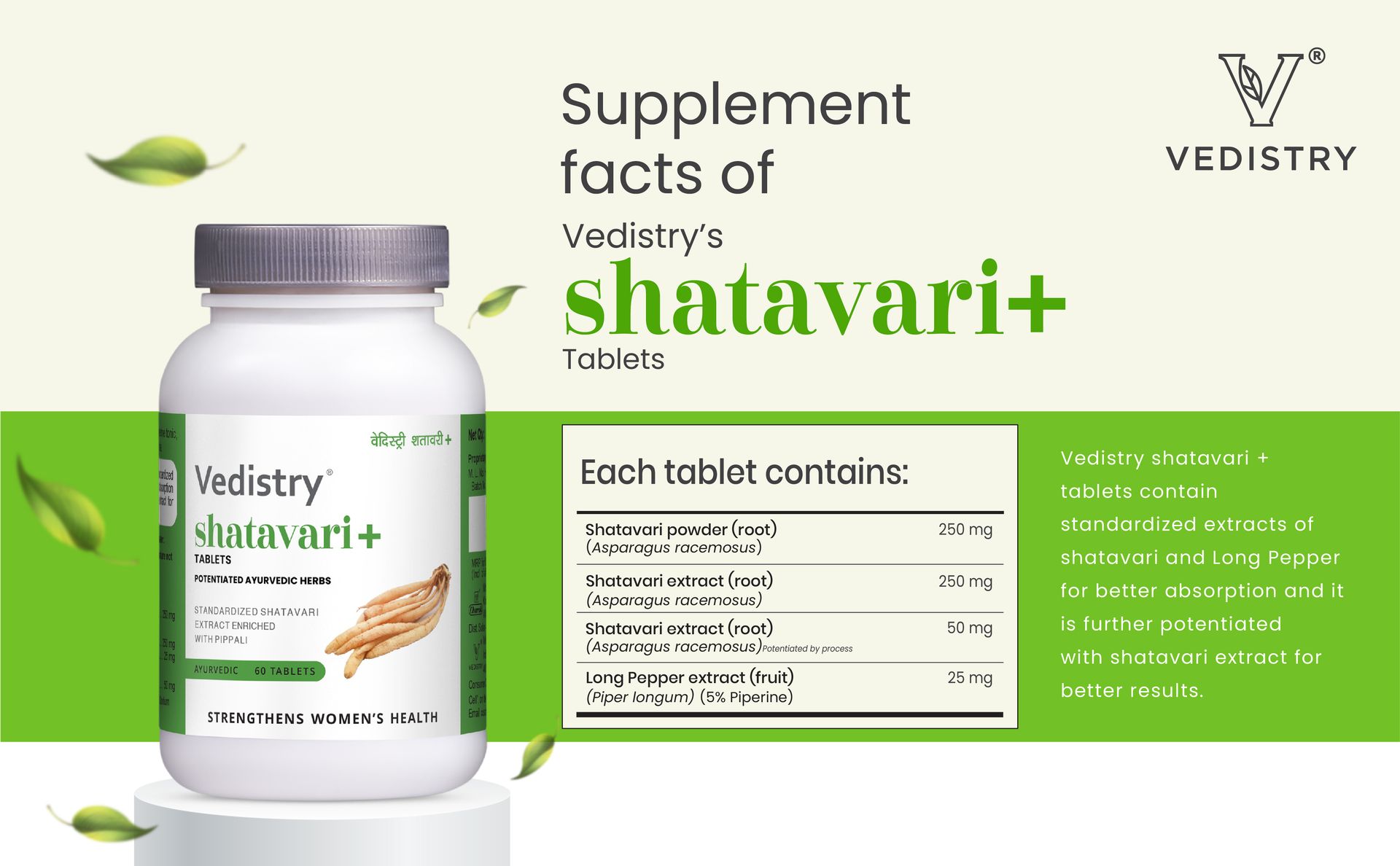 Vedistry Shatavari+ Tablets with Shatavari & Piperine to Maintain Hormonal Balance & Promote Fertility | Ayurvedic Tablet to Boost Health, Vitality & Reduce Weakness, Fatigue, Poor Metabolism, Menstrual Irregularity | Improves Lactation and Provides Energy, Strength, Rejuvenation & Revitalization for Women – 60 Tablets (Pack of 1)