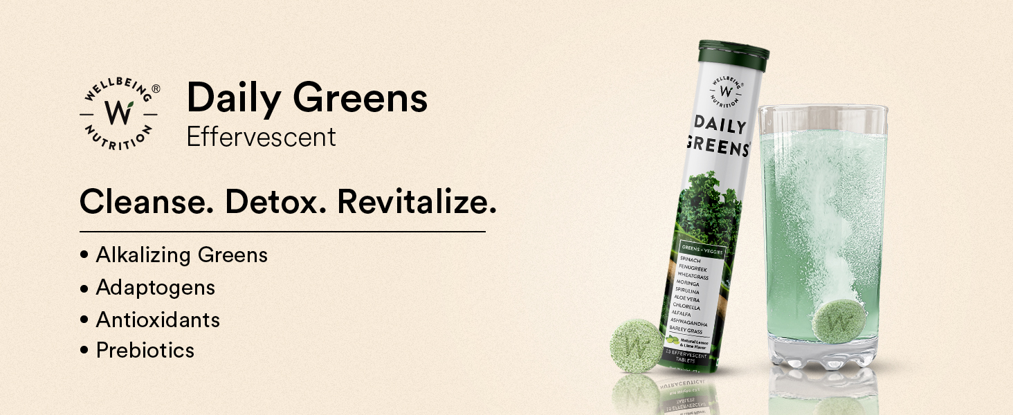 Wellbeing Nutrition Daily Greens | Wholefood Multivitamins with Vitamin C, Zinc, B6 for Immunity & Detox with Organic Certified Plant Superfoods & Antioxidants (15 Effervescent Tablets) Pack of 4