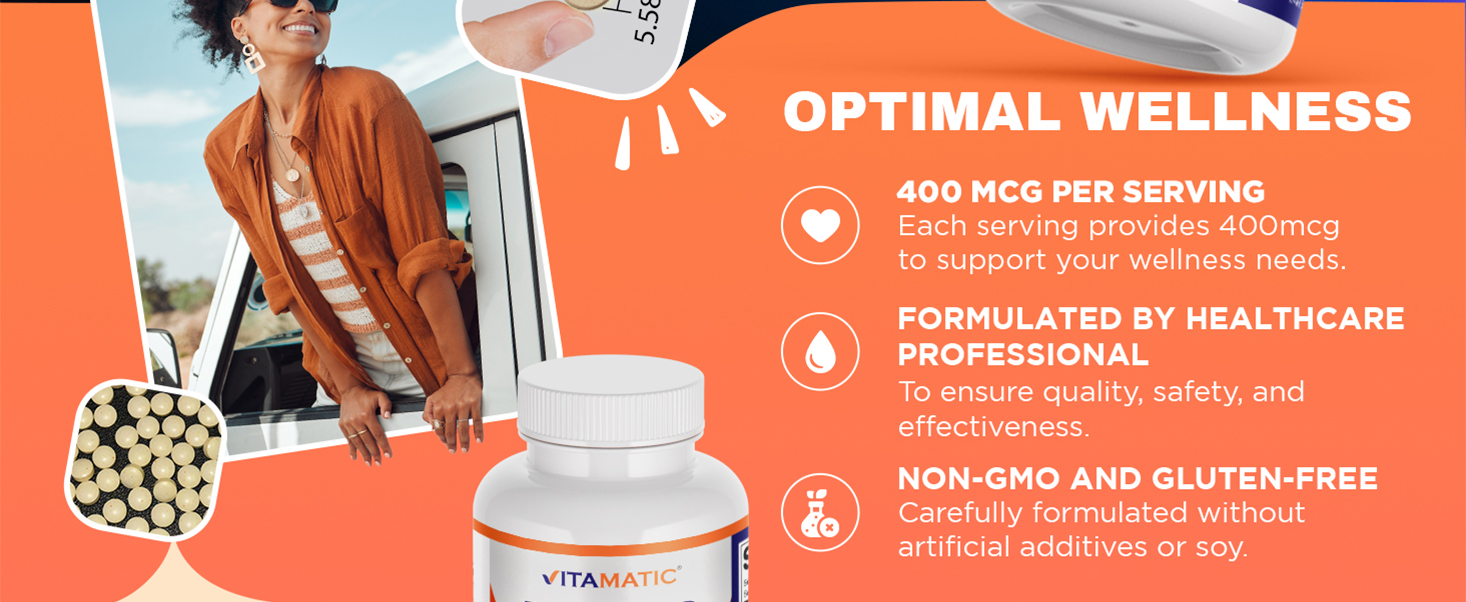 Vitamatic Folic Acid 400 mcg - 500 Vegetarian Tablets - Vitamin B9