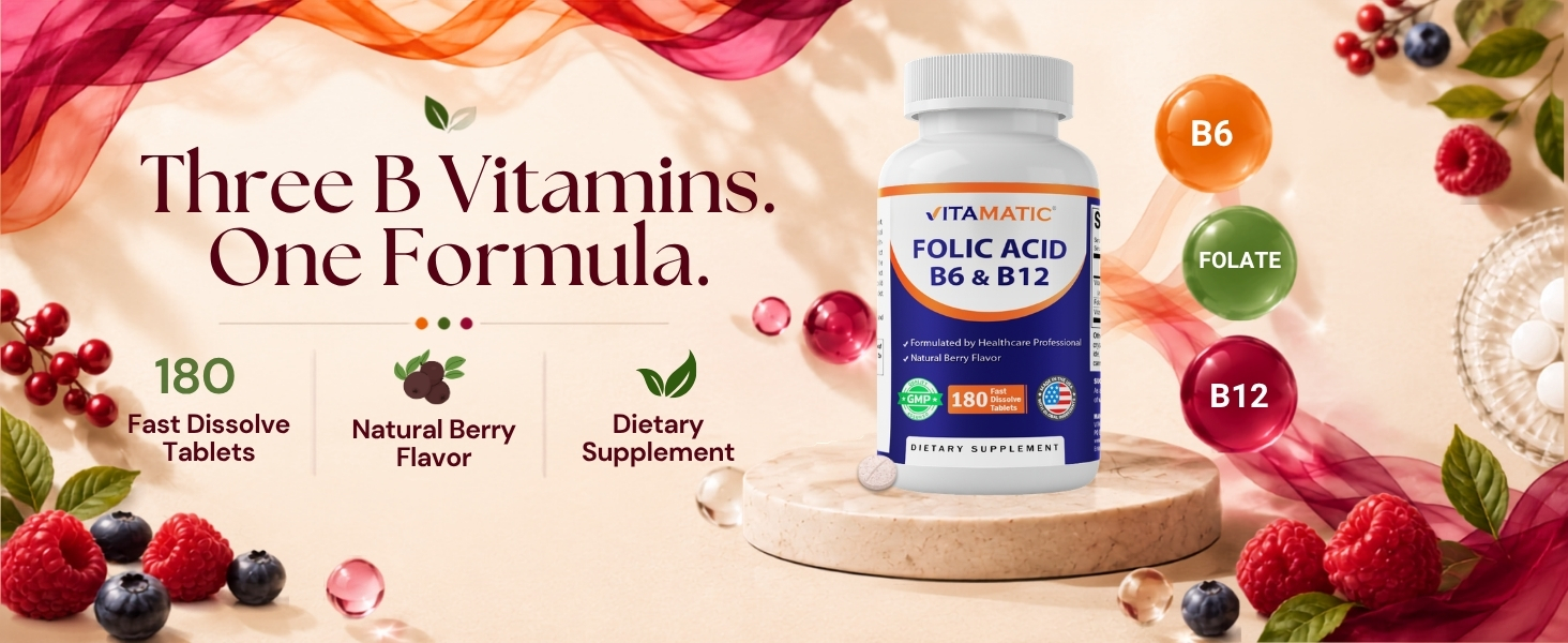 Vitamatic Folic Acid 400 mcg with Vitamin B6 & B12, 180 Tablets - 2 Pack