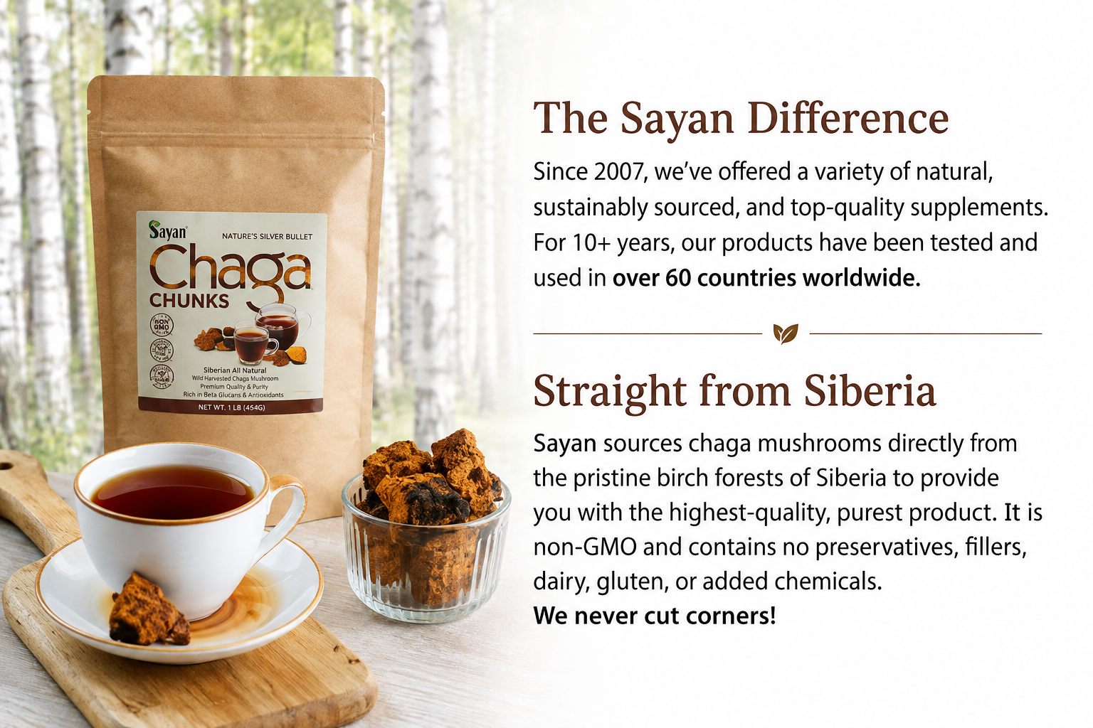 Chaga Mushroom Chunks 8 oz, Raw Dried Wild Siberian Chaga Tea, Non-GMO
