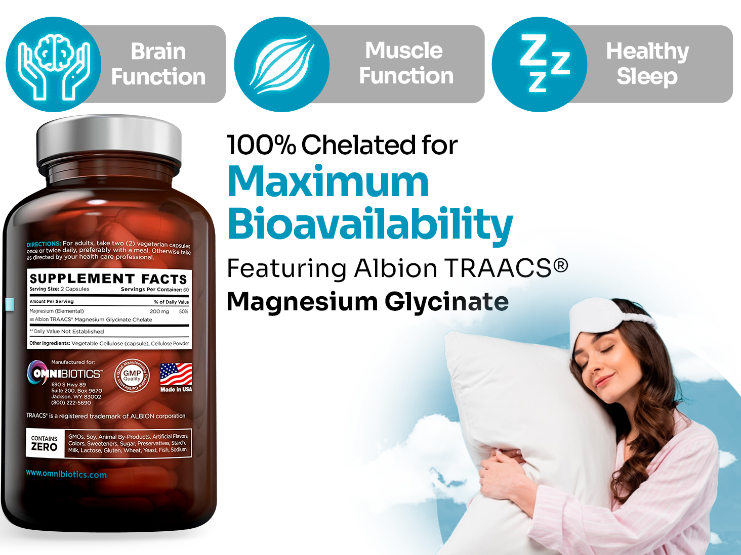 OmniBiotics Magnesium Glycinate Supplement – with 100% Pure Albion TRAACS Bisglycinate Chelate for Sleep, Muscle, Nerve & Heart Health – 120 Vegan Capsules