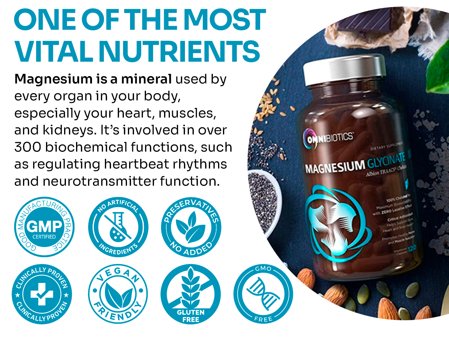 OmniBiotics Magnesium Glycinate Supplement – with 100% Pure Albion TRAACS Bisglycinate Chelate for Sleep, Muscle, Nerve & Heart Health – 120 Vegan Capsules