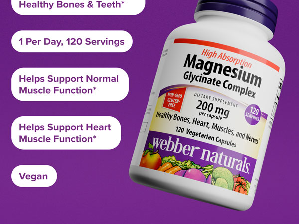 Webber Naturals Magnesium Glycinate 200mg, High Absorption, 120 Capsules