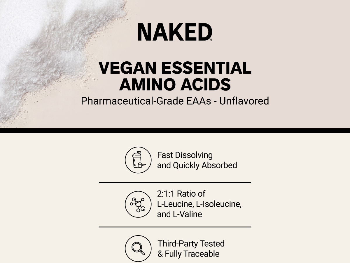NAKED EAAs Amino Acids Powder - 50 Servings - Vegan Unflavored Essential Amino Acids 500 Grams - Instantized All Natural EAAs Powder Supplement
