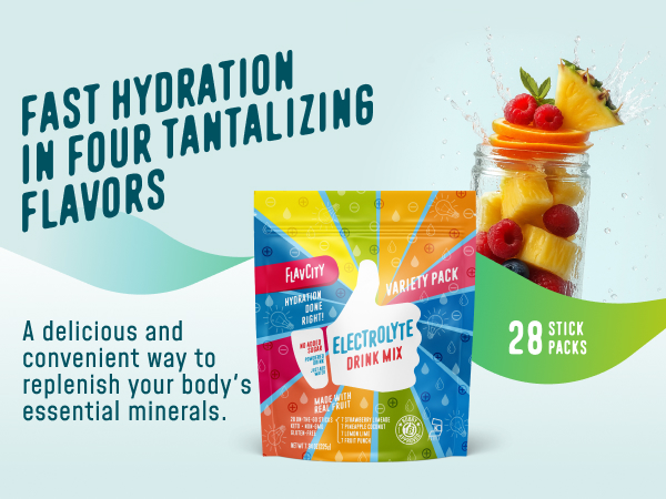 FlavCity Electrolytes Powder Packets - 28 Hydration Packets, Variety Pack - No Added Sugar - Hydration Powder with Real Fruit & Unrefined Sea Salt - Keto & Gluten-Free (28 Stick Packs)