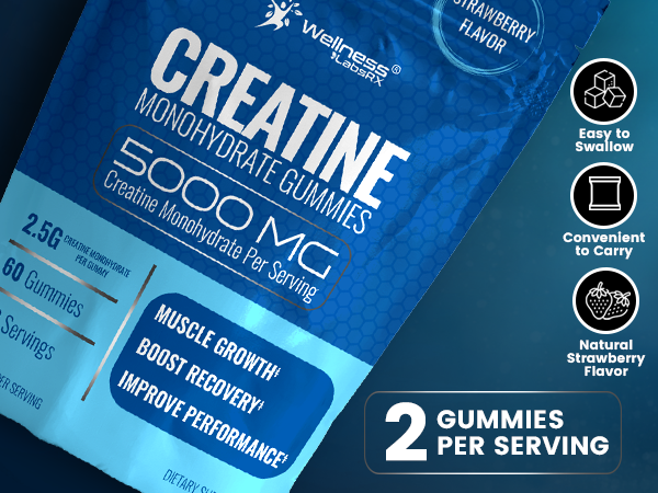 Creatine Gummies for Women & Men, Creatine Monohydrate Gummies, Strawberry