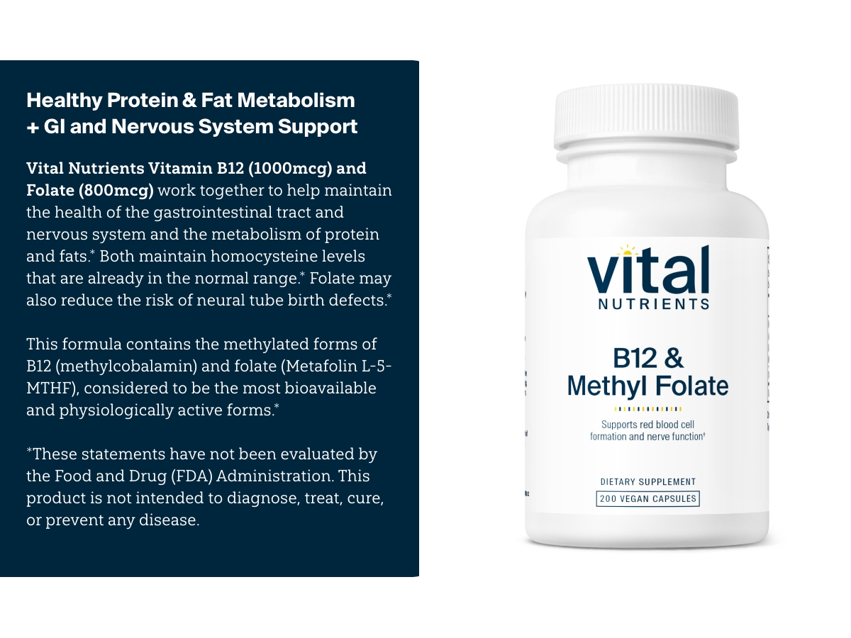 Vital Nutrients Vitamin B12 & Methyl Folate, 100 Capsules
