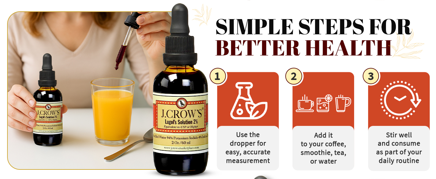 J.CROW'S® Lugol's Solution of Iodine 2% 2 oz (1 Bottle) – Premium Iodine & Potassium Iodide Liquid, Gluten & Alcohol-Free Natural Brine Extract, No Expiration - 1200 Drops