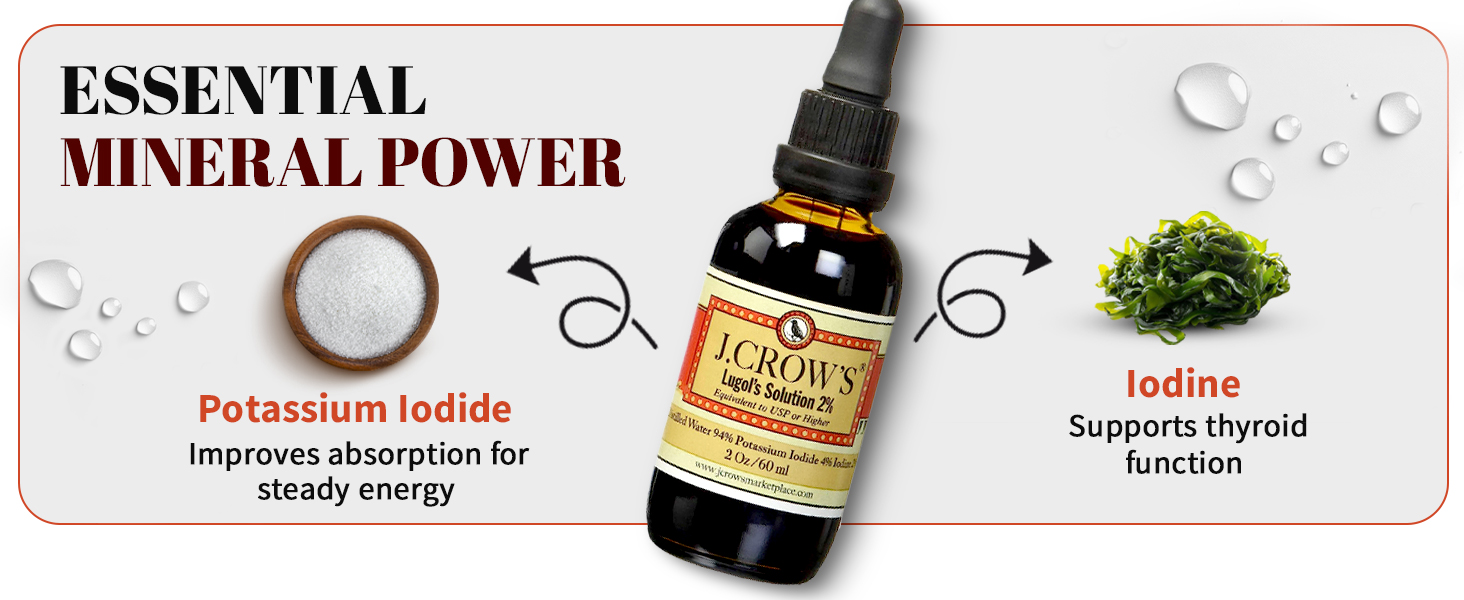 J.CROW'S® Lugol's Solution of Iodine 2% 2 oz (1 Bottle) – Premium Iodine & Potassium Iodide Liquid, Gluten & Alcohol-Free Natural Brine Extract, No Expiration - 1200 Drops