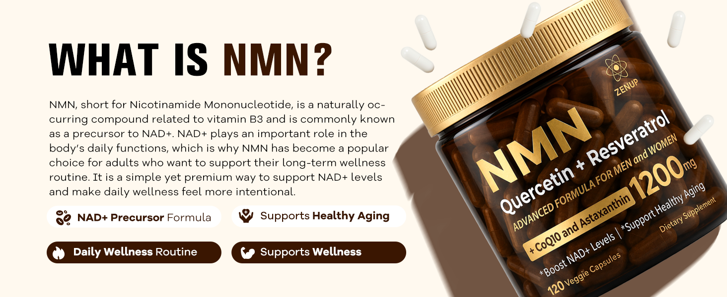 NMN Supplement, 1200mg Blend with 600mg NMN, 250mg Quercetin, 200mg Resveratrol, CoQ10 & Astaxanthin, Daily Supplement Formula, 120 Veggie Capsules, 60 Servings