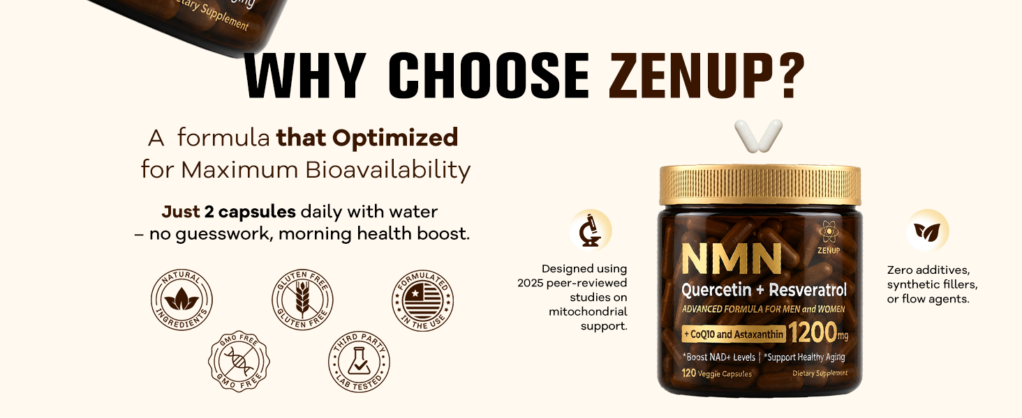 NMN Supplement, 1200mg Blend with 600mg NMN, 250mg Quercetin, 200mg Resveratrol, CoQ10 & Astaxanthin, Daily Supplement Formula, 120 Veggie Capsules, 60 Servings