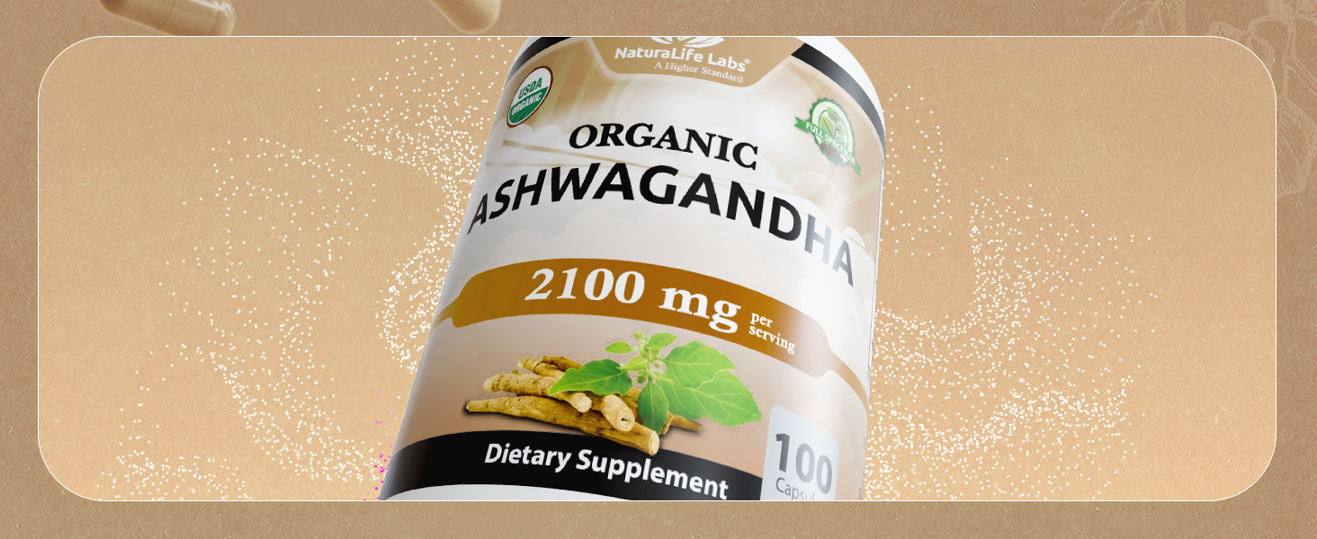 NaturaLife Labs Organic Ashwagandha 2100 mg per Serving – Full Spectrum Root Powder and Standardized Extract (Withanolides) – 100 Capsules – Vegan – Non-GMO, Gluten-Free
