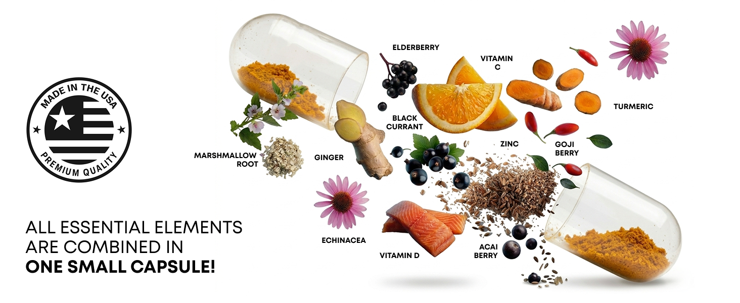 Immune Support Supplement - Turmeric, Vitamin C with Zinc, D3, Elderberry