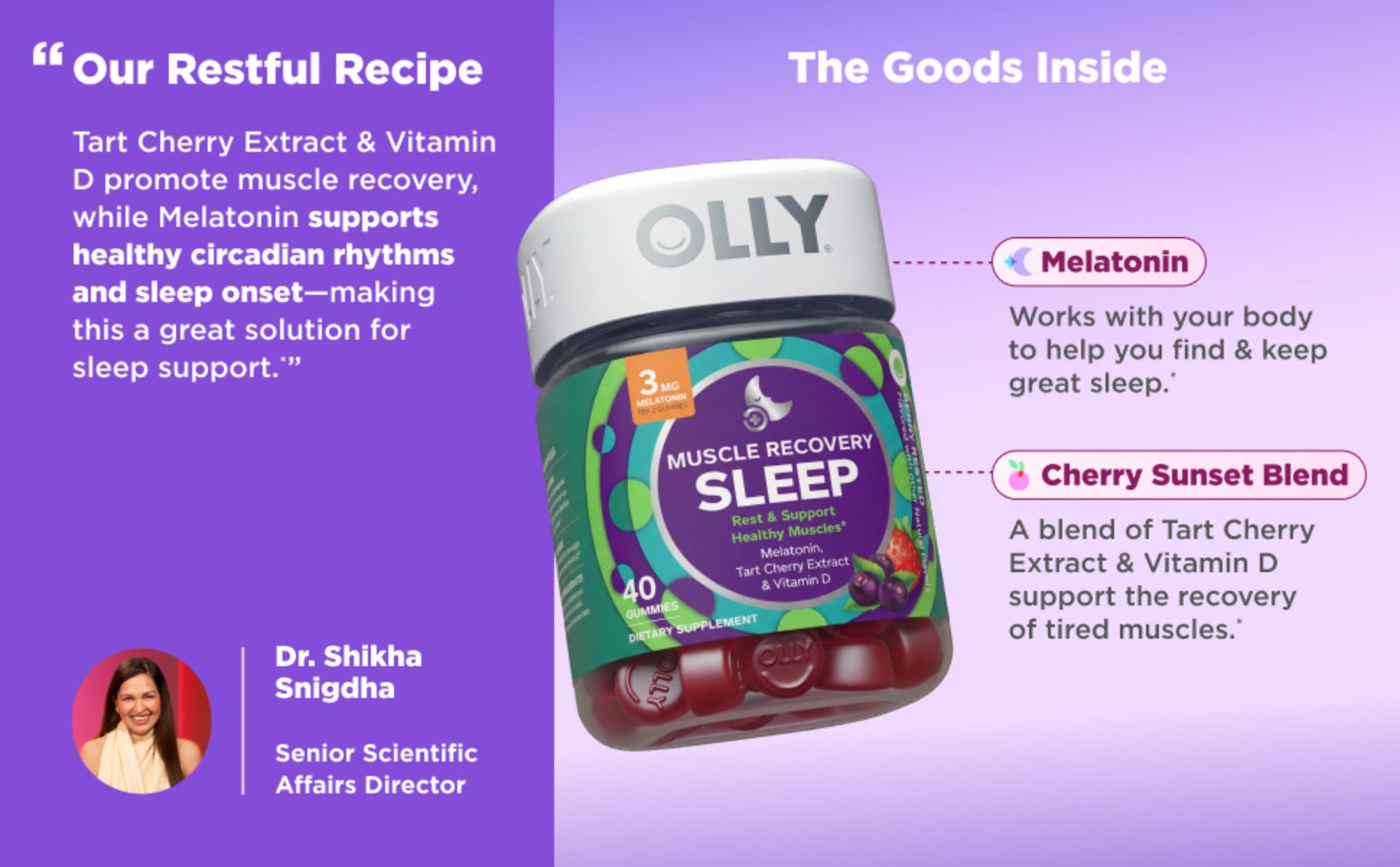 OLLY Muscle Recovery Sleep Gummy Supplement, Tart Cherry - 40 Count