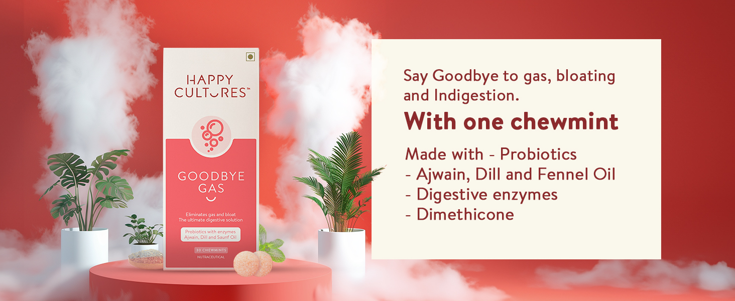 VELBIOM Happy Cultures Goodbye Gas, All Types of Gas Relief, Unique Blend of Probiotics 125 Million CFU, Ajwain Oil, Saunf Oil, Digestive Enzymes, Alleviates Gas, Bloating & Indigestion -30 Chewables