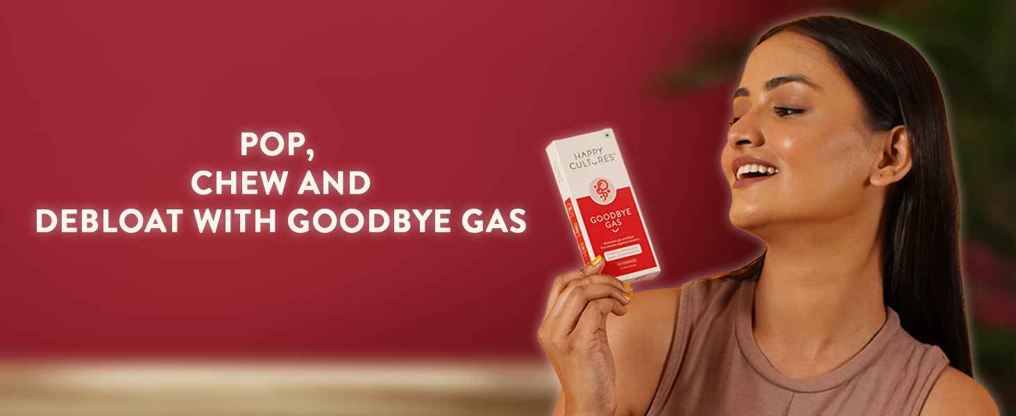 VELBIOM Happy Cultures Goodbye Gas, All Types of Gas Relief, Unique Blend of Probiotics 125 Million CFU, Ajwain Oil, Saunf Oil, Digestive Enzymes, Alleviates Gas, Bloating & Indigestion -30 Chewables