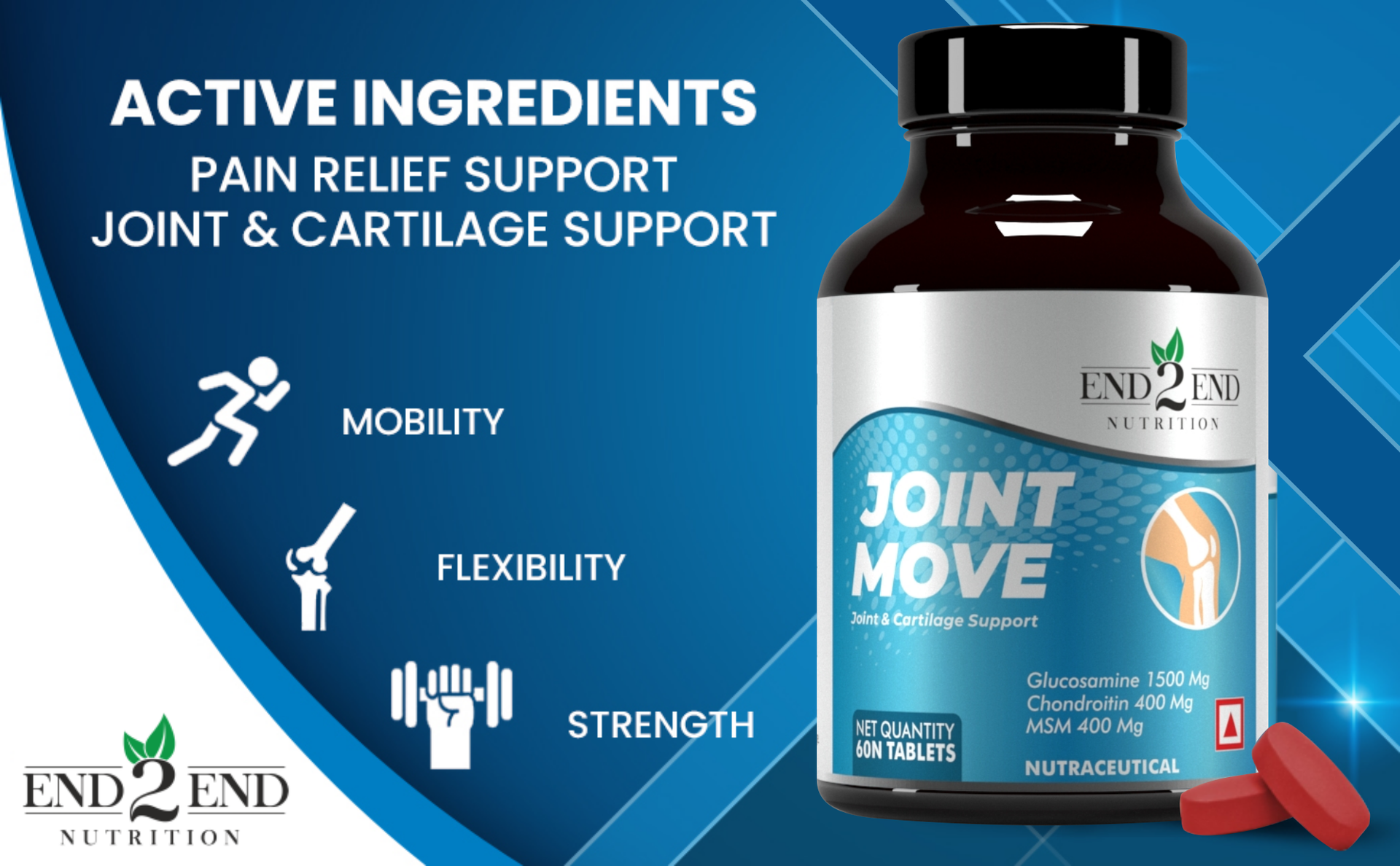 End2End Nutrition Joint Support Supplement with Glucosamine 1500mg, Chondroitin 400mg & MSM 400mg for Men and Women | Joint Health, Cartilage Support, Mobility and Flexibility - (Pack of 2) 120 Tablets