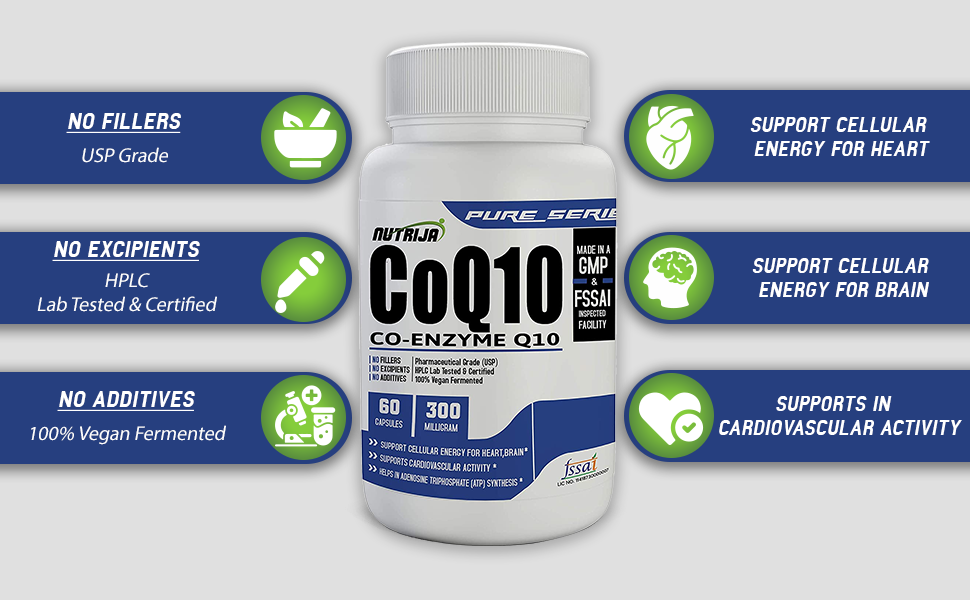 NutriJa CoQ10 (Co-Enzyme Q10) 300mg - 60 Veg Capsules | With Bioperine for Enhanced Absorption | Heart & Brain Health Support | Pure Co-Enzyme Q10