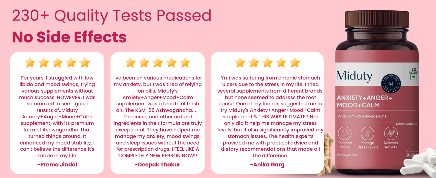 Miduty Anxiety Anger Mood Calm Supplement Helps in Happy Mood & Anti Depressant,Stress Reduce|KSM-66 Ashwagandha Root 800mg with Holy Basil Leaf Extract 200 mg,L Theanine|Non Addictive|60 Capsules