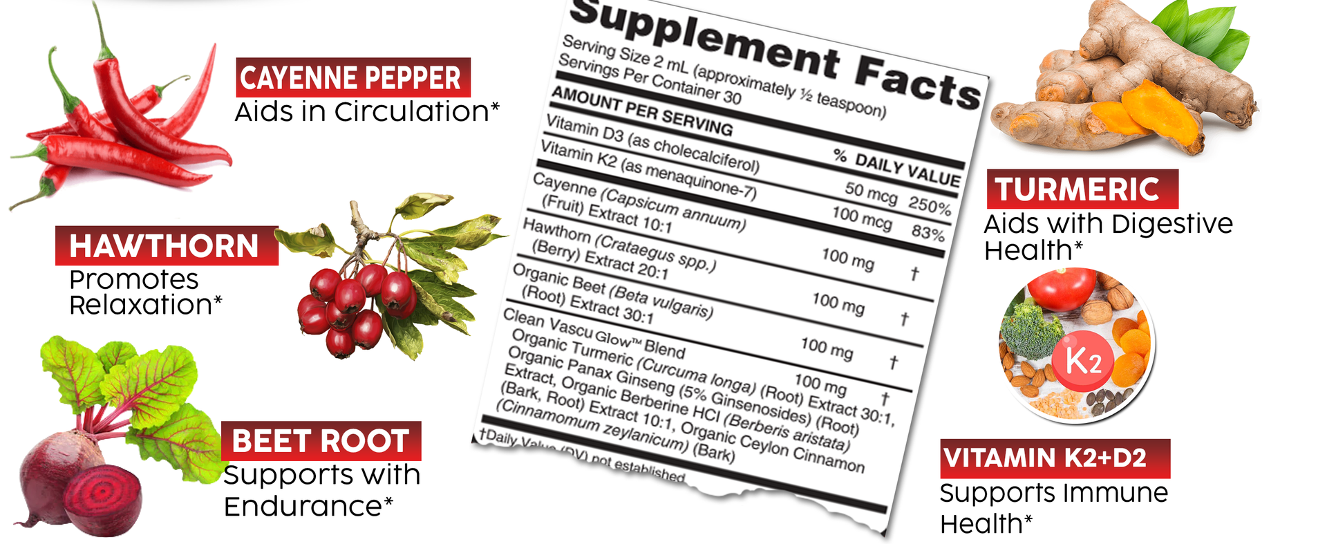 Clean Nutra Cayenne Pepper Drops Supplement Liquid + Hawthorn Berry, Vitamin D3 K2 Beet Root Powder, Ceylon Cinnamon, Turmeric Curcumin, Organic Panax Ginseng, Berberine Extract 1 Pack