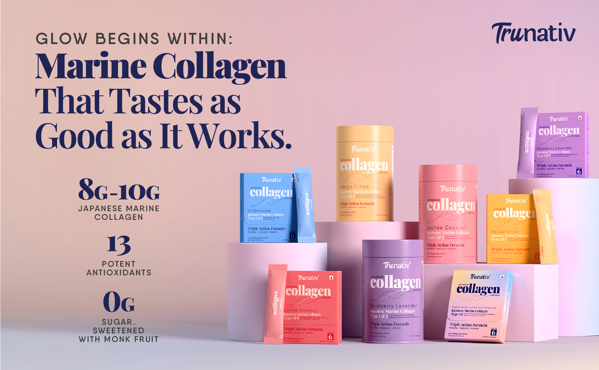 Trunativ Collagen Supplements | Advanced Japanese Marine Collagen Powder for Women & Men | Type 1 and 3 Hydrolyzed Peptides | Supplement with Hyaluronic Acid | Supports Skin Glow, Hair Growth, and Nail Strength | Lychee Coconut | 60g (Pack of 1)