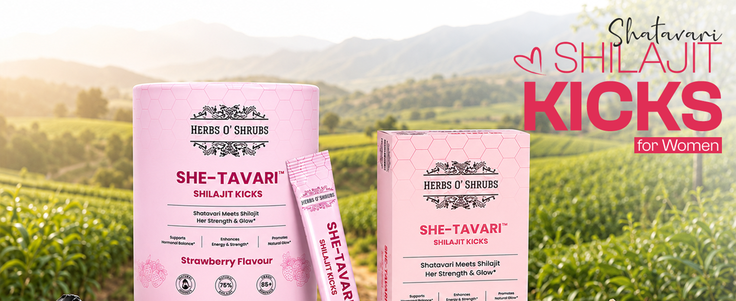 Herbs O' Shrubs Shatavari Shilajit Kicks for Women- 5 Sticks (8gm Per Stick) | Ayurvedic Supplement with Shatavari Extract-80mg, Shilajit Resin-300mg, Saffron-2mg, Honey-7.6g & Strawberry