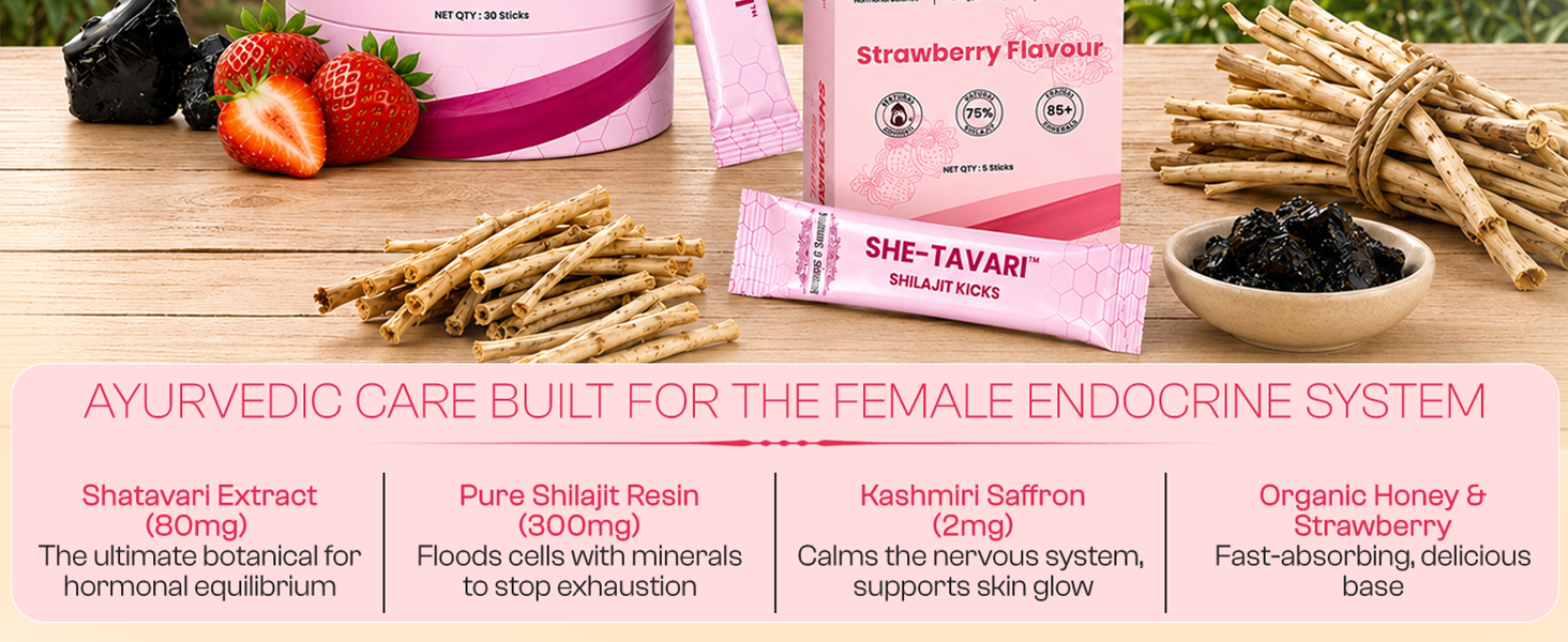 Herbs O' Shrubs Shatavari Shilajit Kicks for Women- 5 Sticks (8gm Per Stick) | Ayurvedic Supplement with Shatavari Extract-80mg, Shilajit Resin-300mg, Saffron-2mg, Honey-7.6g & Strawberry