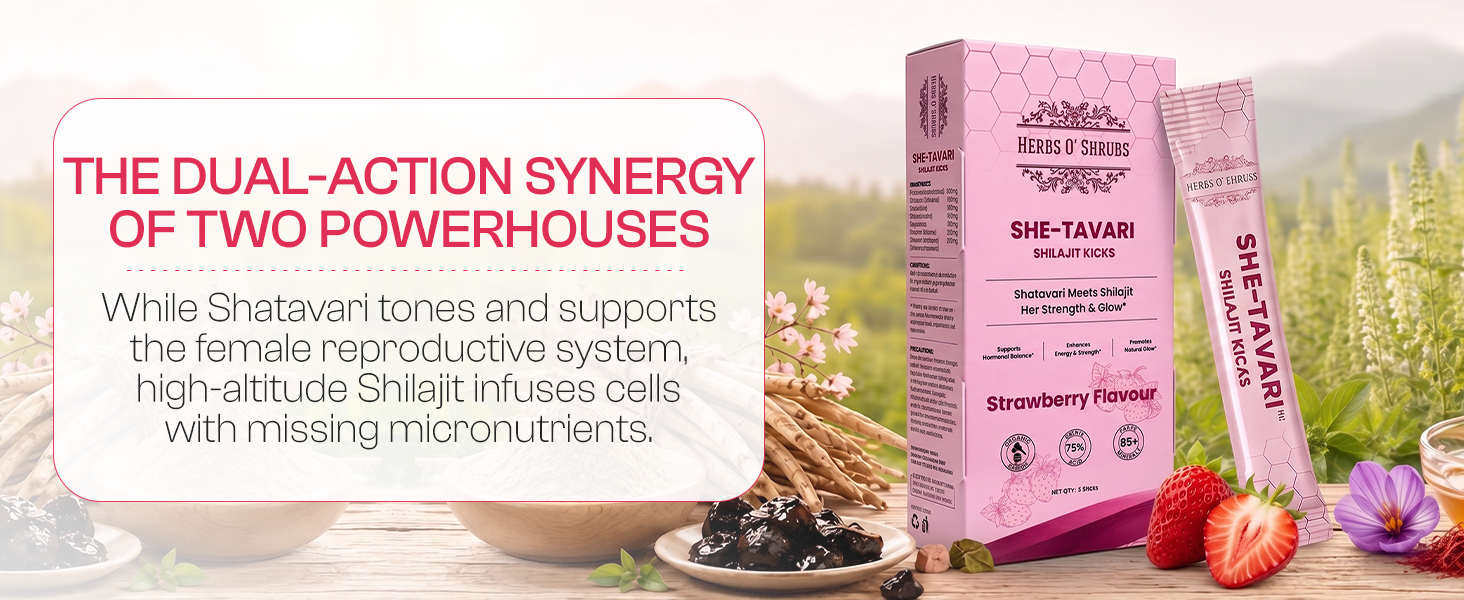 Herbs O' Shrubs Shatavari Shilajit Kicks for Women- 5 Sticks (8gm Per Stick) | Ayurvedic Supplement with Shatavari Extract-80mg, Shilajit Resin-300mg, Saffron-2mg, Honey-7.6g & Strawberry