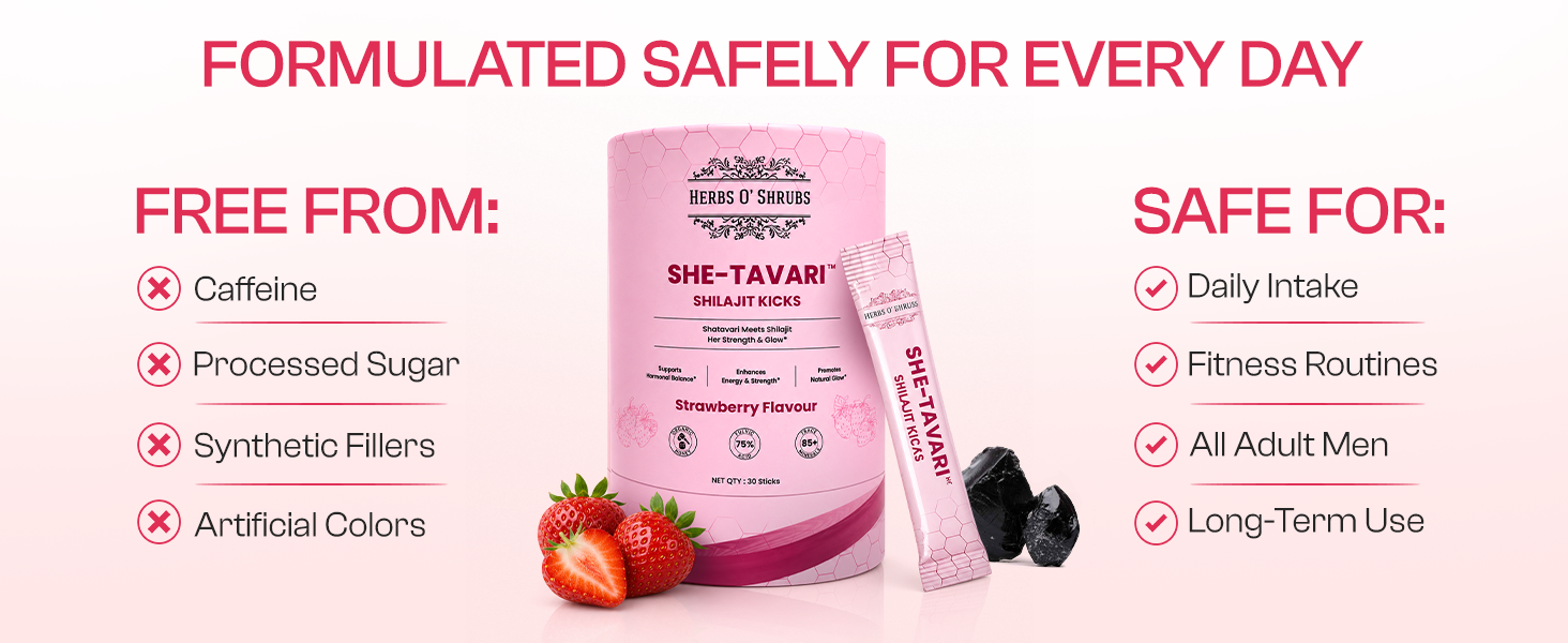 Herbs O' Shrubs Shatavari Shilajit Kicks for Women- 5 Sticks (8gm Per Stick) | Ayurvedic Supplement with Shatavari Extract-80mg, Shilajit Resin-300mg, Saffron-2mg, Honey-7.6g & Strawberry