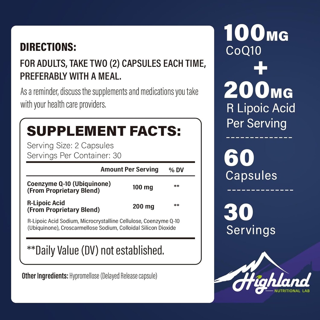 CoQ10 100 מ"ג + R-Lipoic Acid 200 מ"ג לשרת, 1 חודש אספקה, עד 5X שיפור Absorption, R-Lipoic Acid / CoQ10 תוספת לבריאות הלב וקפסולות בריאות קוגניטיבית 60