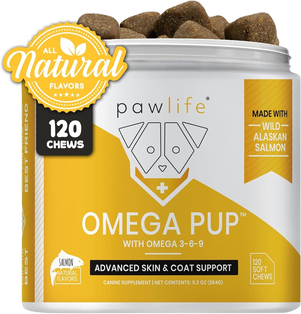 Dog Fish Oil Supplements - 120 Omega 3 Fish Oil Dog Vitamins, Veterinarian Formulated Itching Relief for Dogs, Natural Omega 3 Fish Oil for Dogs, Dog Skin and Coat Supplement (Salmon Flavor)