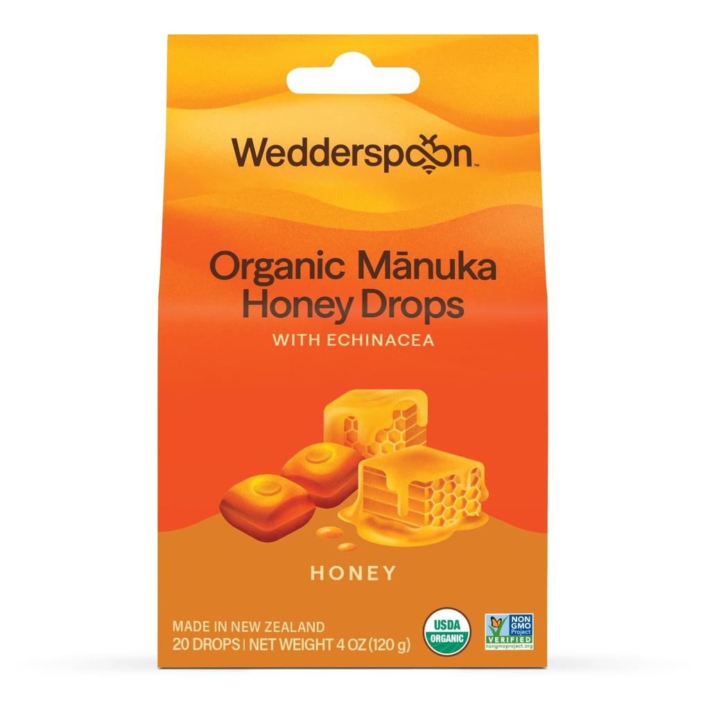 Wedderspoon Organic Manuka Honey Drops, Honey & Echinacea, 20 Count (Pack of 1) | Genuine New Zealand Honey