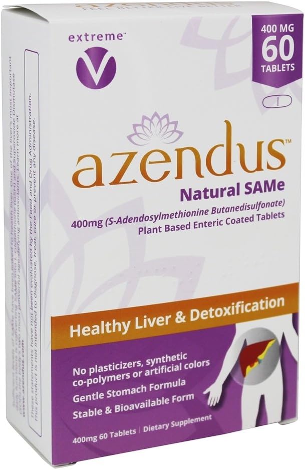 Azendus Natural SAM-e for Liver Health 60 Count, 400 מ"ג, טופס מומלץ אחד, טהור, טבעי, Stable, תרופות כיתה אותו, קיצור מהיר