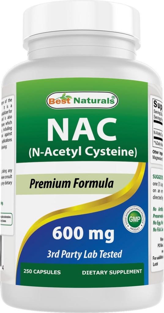 Best Naturals NAC - N Acetyl Cysteine 600 מ"ג 250 קפסולות - n Acetyl Cyeine - נוגד חמצון חזק