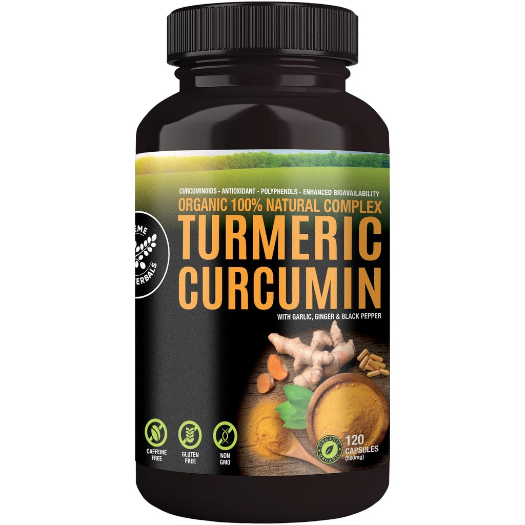 100% Raw and Organic Turmeric Curcumin קפסולות. אורגני מוסמך, Gluten-Free, non-GMO ו- Caffeine-Free. Enhanced עם Garlic, ג'ינג'ר ו Black Pepper, 500 מ"ג, 120 קפסולות טבעוניות