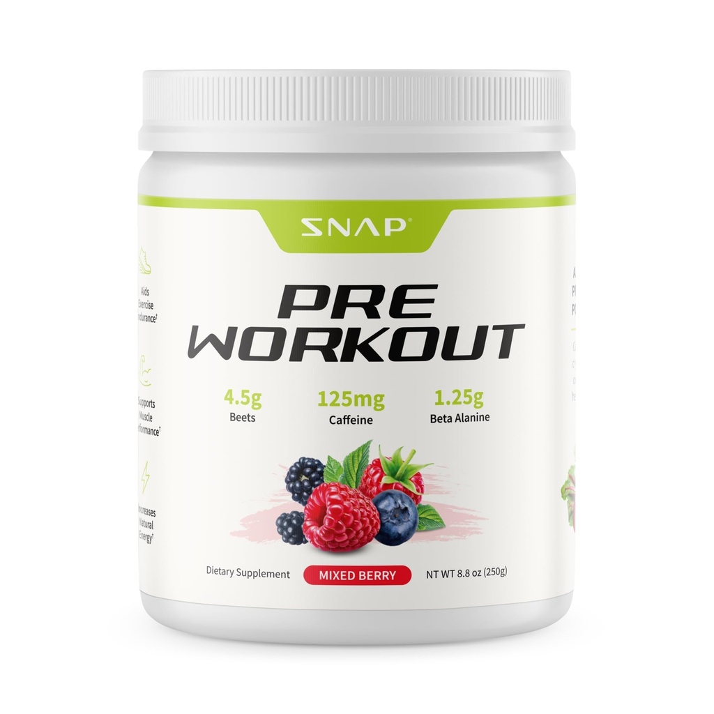 תוספי Snap Pre Workout Beet Root אבקת, Nitric Oxide Preworkout תוספת לגברים ונשים - אנרגיה ותמיכה בריאות הלב, 8.8 oz, (30 מנות, 1 חודשים אספקה), מעורב ברי ברי ברי