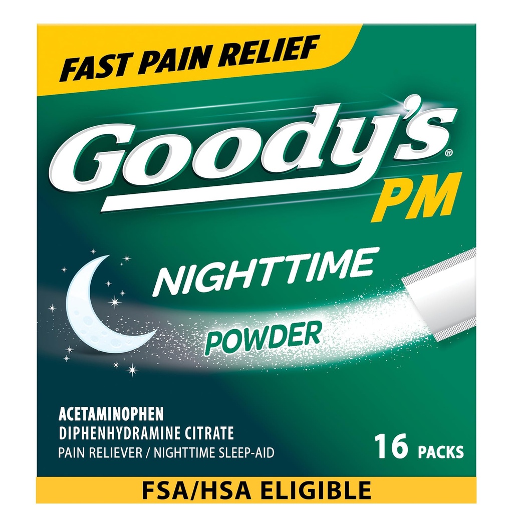 אבקת לילה של גודי, Pain Reliever & Sleep Aid with Acetaminophen & Diphenhydramine Citrate, Caffeine חינם, 16 Count