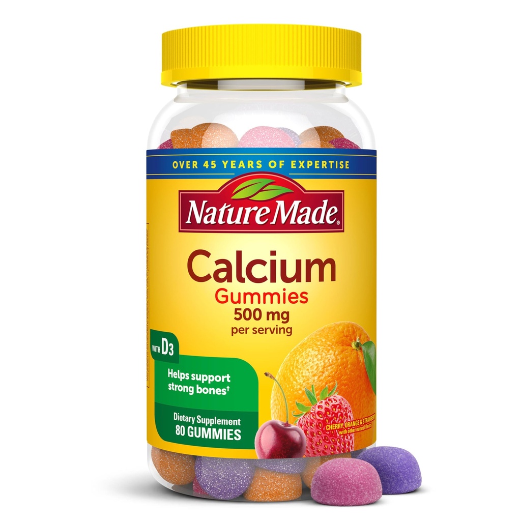 Nature Made Calcium Gummies 500 מ"ג Per לשרת עם ויטמין D3, תוסף Dietary Calcium לתמיכה העצם, 80 חניכיים, 40 יום אספקה