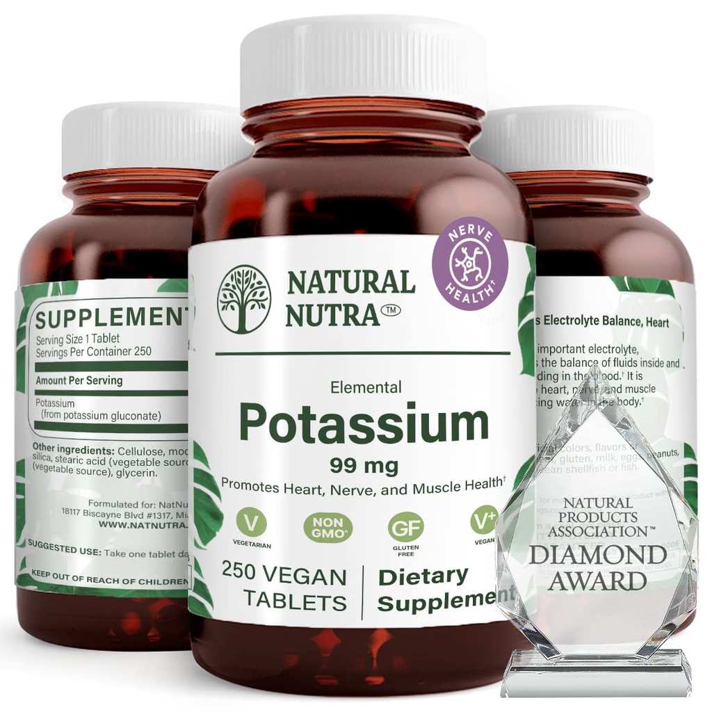 טבעי Nutra Elemental Potassium Gluconate 99 מ"ג תזונה - מקדם אנרגיה, עוזר Boost Nervous System, מקדם בריאות הלב, רגולציה מינרלים, תפקוד שרירים - 250 טבליות טבעוניות