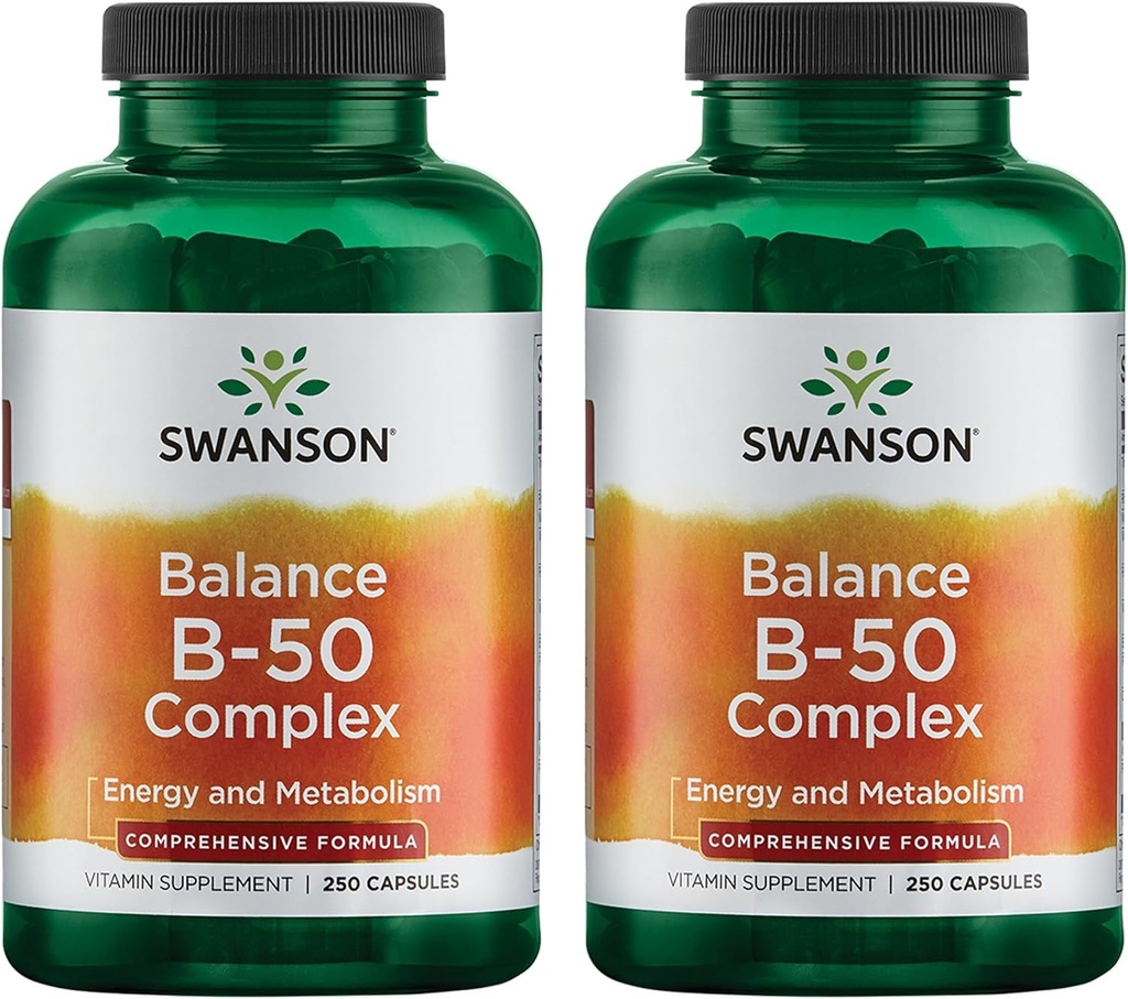 Swanson B-50 B-Complex - B ויטמין Complex with High Potency & Bioavailability - מקדם תמיכה במערכת החיסון, איידס בריאות הלב, ותמיכה מערכת העצבים בריאה - (250 קפסולות) (2 Pack)