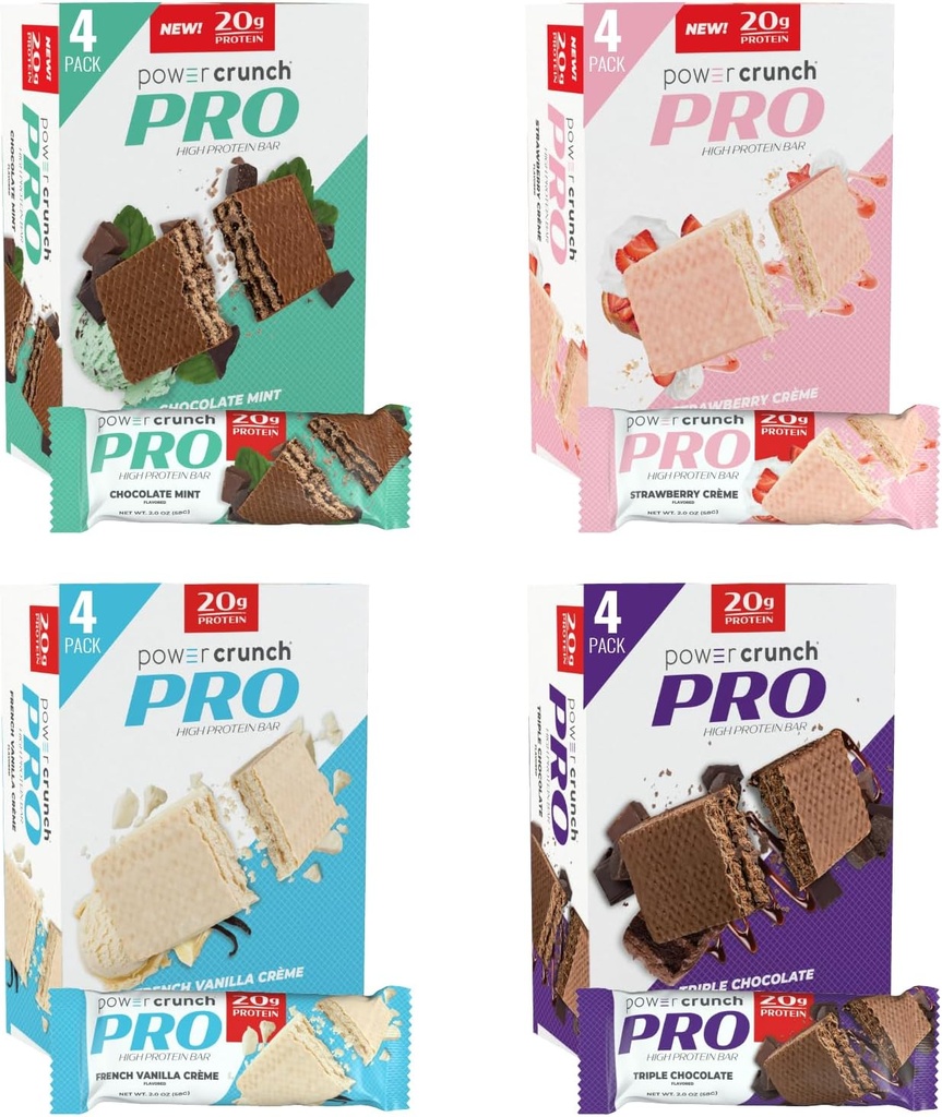 Power Crunch PRO חלבון Wafer Bars, Variety Pack, ב 4 Flavors 2.0 Ounce Bars (16 Count). חלבון גבוה