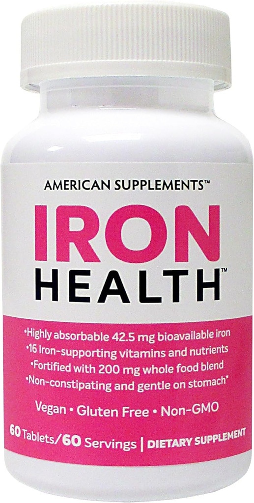 איירון בריאות 42.5 Mg Non-Constipating ברזל עם 16 ויטמינים ומזינים כוללים ויטמין C 60 טבליות