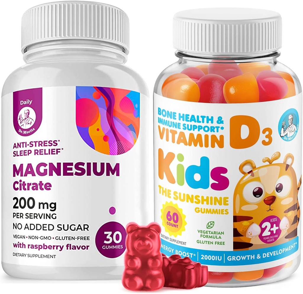ויטמין D Gummies לילדים & Adults 2000 IU ו Magnesium Gummies - ויטמין D3 בריא תוספי 1000IU - תמיכה ללא תשלום צמחונית עם מגנזיום חינם סוכר