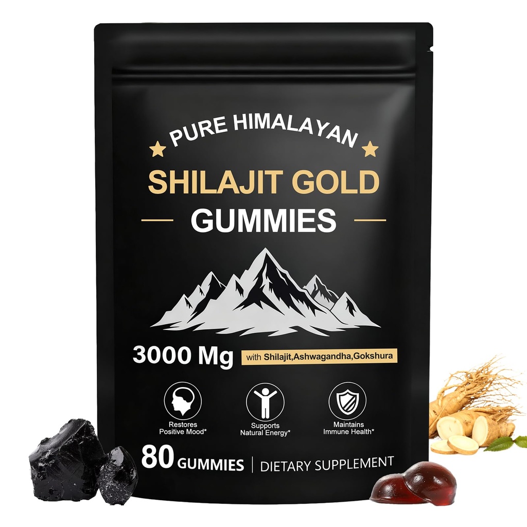 חניכיים שילאג'יט, Pure ההימלאיה Shilajit Gummies Gold, No added Sugar non-GMO 100% טבעי אורגני, Ashwagandha, Gokshura, Fulvic Acid & 85+ Trace מינרלים לגברים, נשים | 60 מסטיק