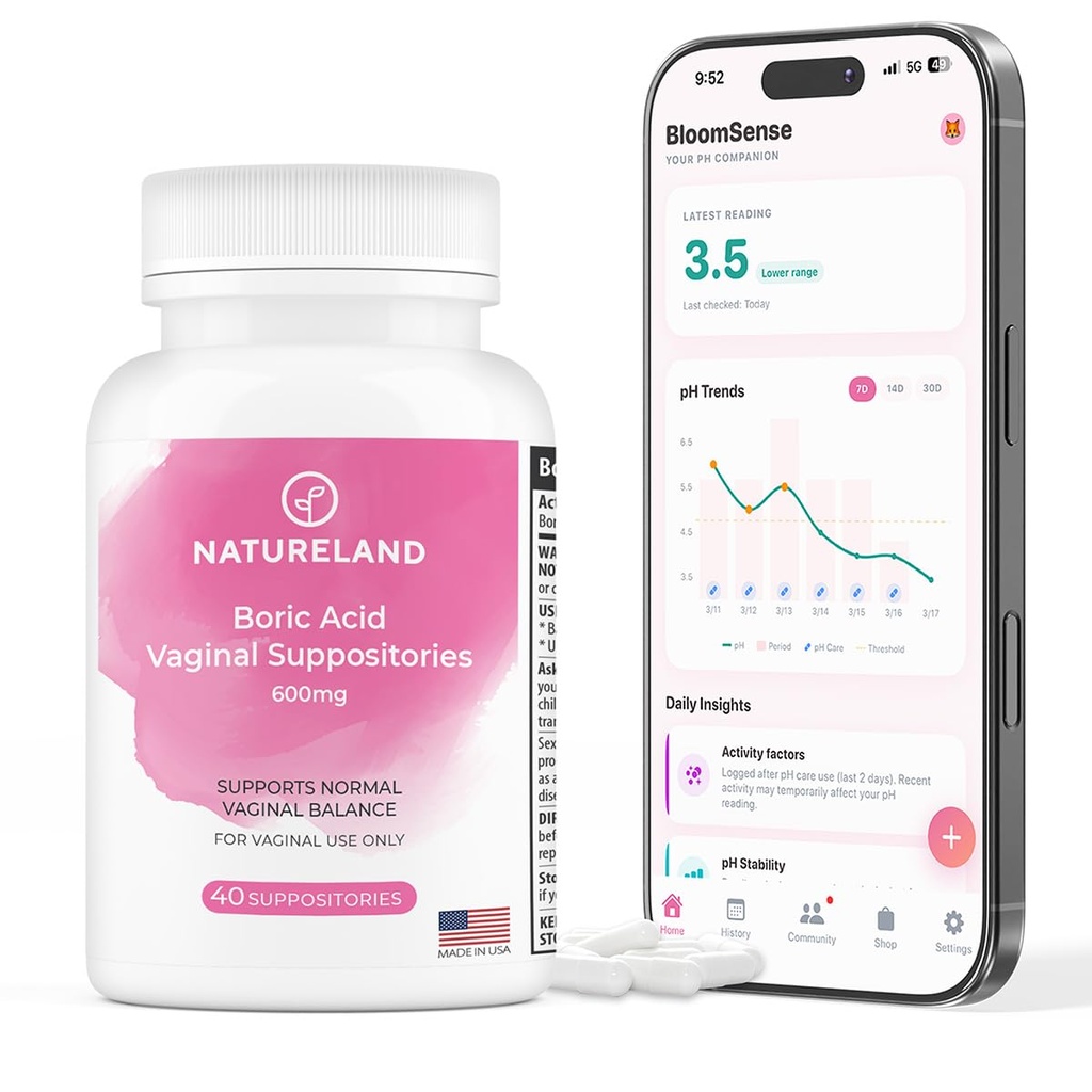 Natureland 40 Count, 600 מ"ג Boric Acid Vaginal Suppositories, Made in USA, שחזור pH Balance וצמצום יבשות, Odors, Itchiness ו- Discharge, תמיכה Intimate Health Count (Pack of 1))