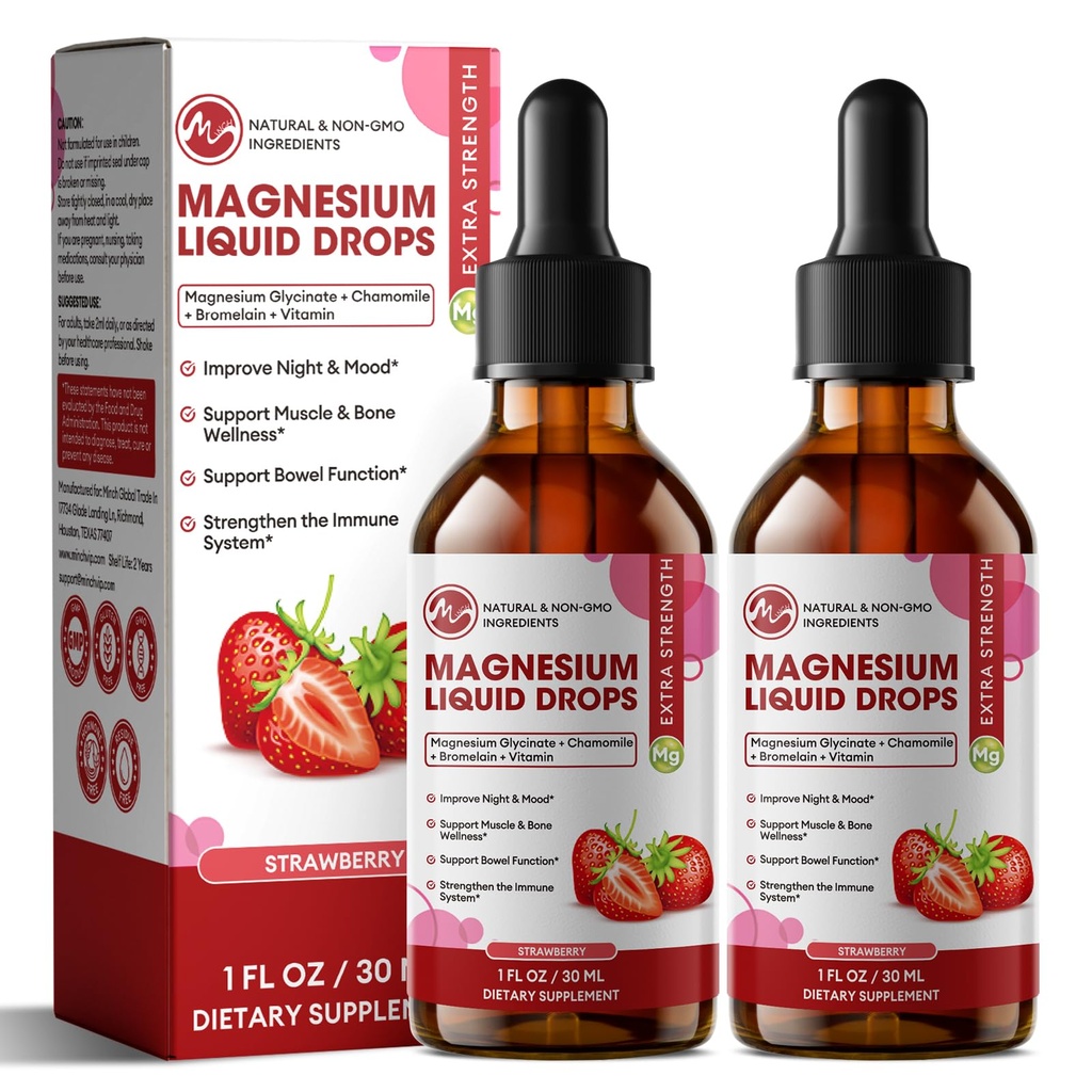 M Inch Magnesium Glycinate נוזל, High Absorption Magnesium נוזל טיפות עם Cellulose סיבים, Bromelain, ויטמין B6, C, D, Zinc, Magnesium תוסף לילדים ומבוגרים, Strawberry Flavor, 2 Pack